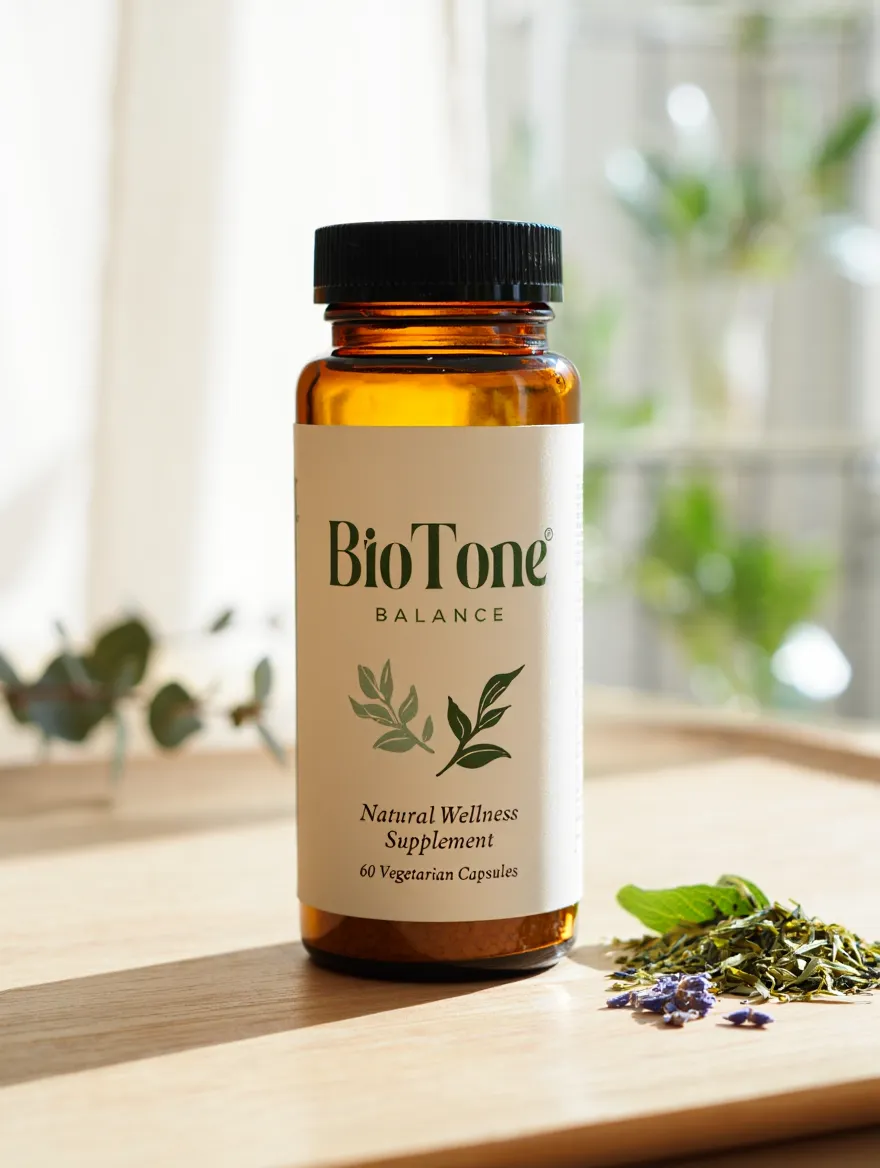 BioTone Balance natural wellness supplement bottle with herbal ingredients